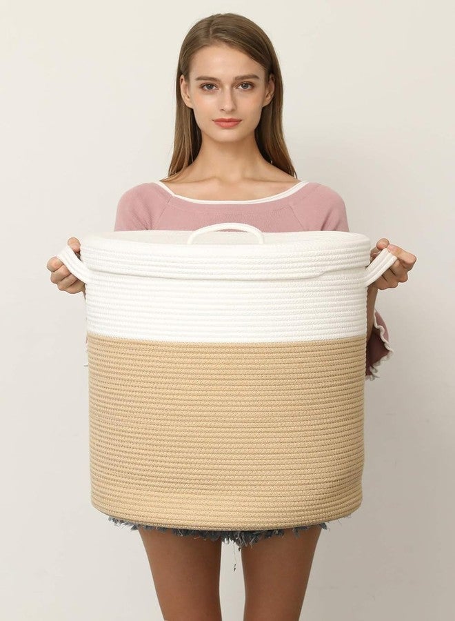 GLEAM Extra Large Storage Basket with Lid, Cotton Rope Storage Baskets, Laundry Hamper, Cloth Bin, for Clothes Towels Blankets Pillows Storage in Living Room, (Beige White, 15'' X 20'' INCH) - Image 2